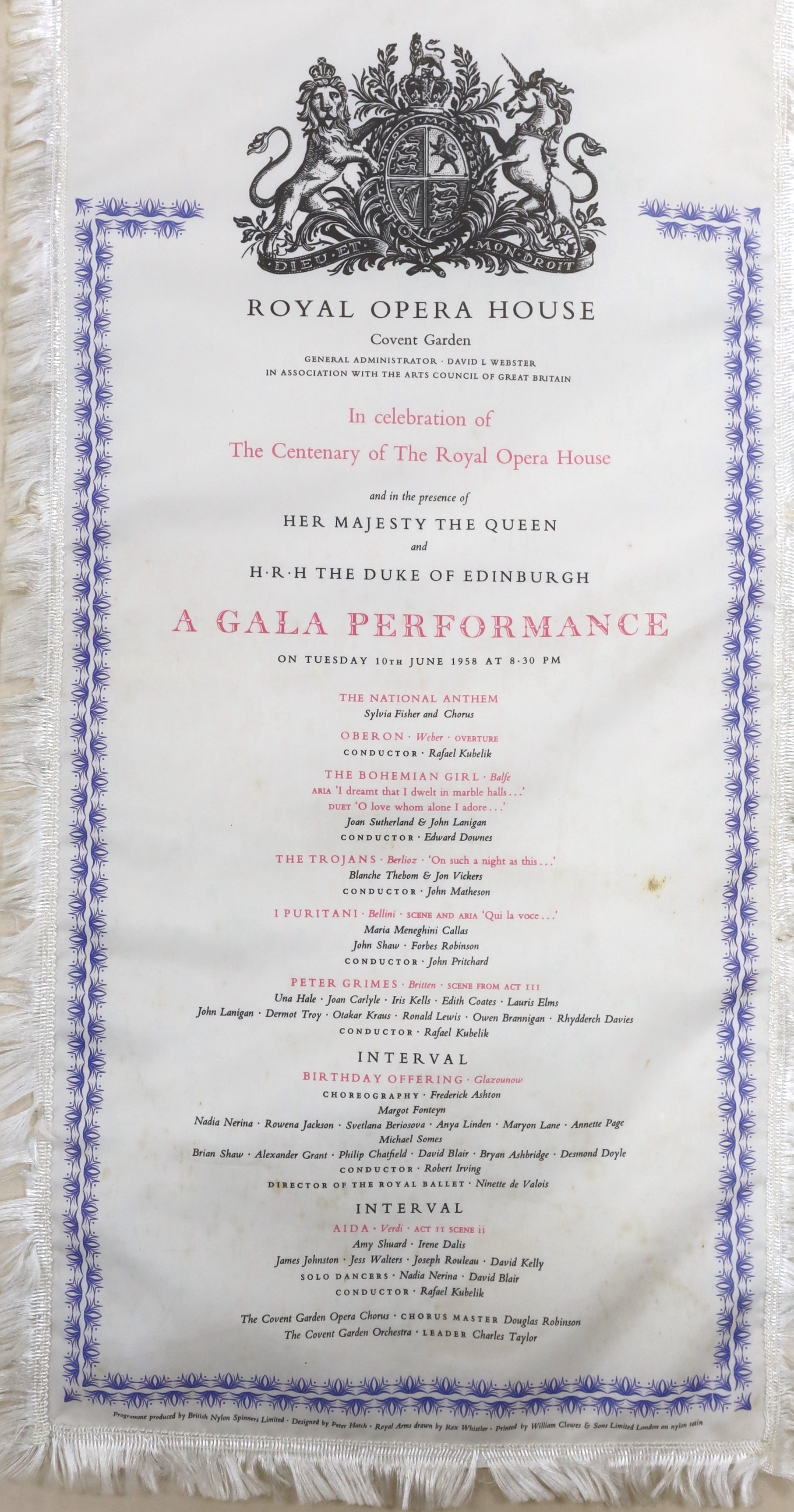 A framed 20th century nylon opera programme, Royal Opera House Covent Garden, Gala Performance 10th June 1958, designed by Peter Hatch, printed by William Clowes & Sons, 53 x 25cm not including fringe